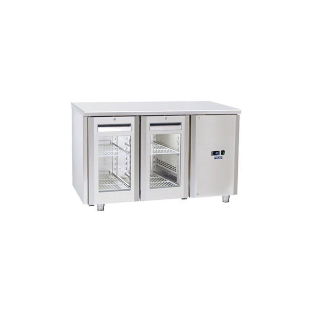 Masa rece cu usi din sticla Cool Head QRG 2100SG, cu 2 usi, capacitate 210 l, lungime 138 cm, temperatura +3°/ +10°C, inox
