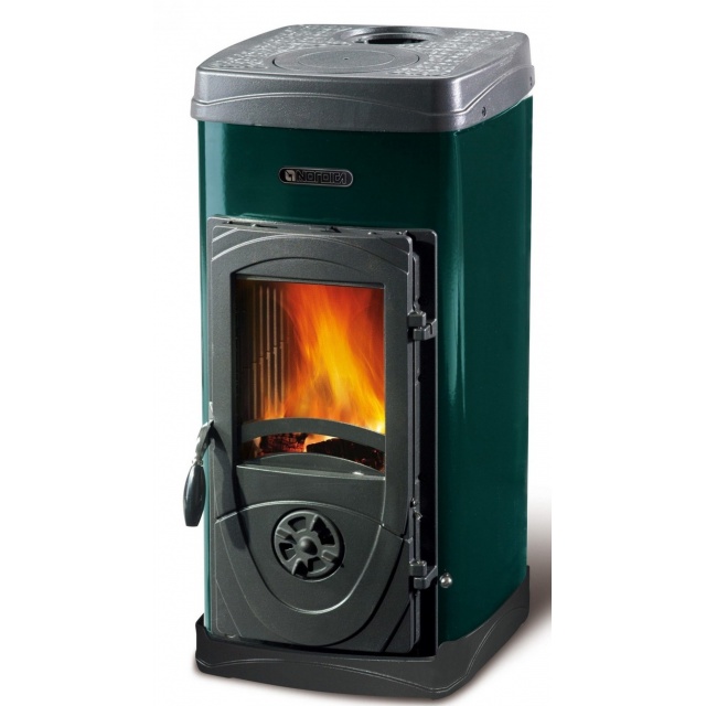 Sobă pe lemne Extraflame Nordica Nordica SUPER MAX , cu aer cald prin convecție naturală și 6 kw - verde înveliș din oțel