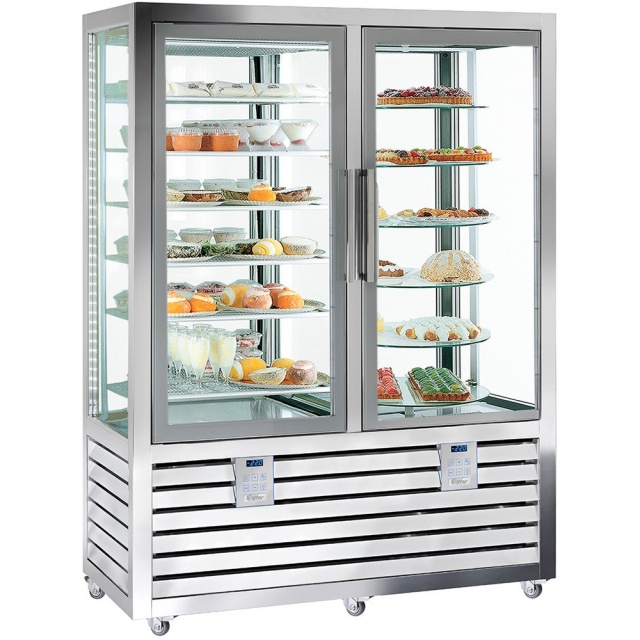 Vitrina frigorifica de cofetarie Silfer Quadro QPS 900 V/R, 11 rafturi fixe si rotative, 2 usi, 848 l, +4°/+10°C, inox