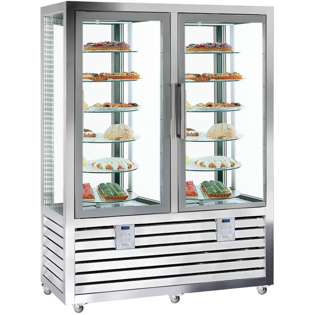Vitrina frigorifica de cofetarie Silfer Quadro QPS 900 R/R, 12 rafturi rotative, 2 usi, 848 l, +4°/+10°C, inox