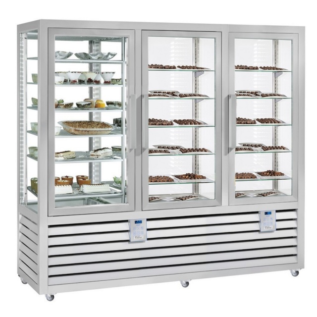 Vitrina frigorifica cofetarie Silfer Neo NPG 1300 S/V/V, 15 rafturi, 3 usi, 1388 l, 2 zone temperatura -15°-25°C/+4°+10°C, inox