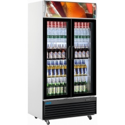 VITRINA FRIGORIFICA BAUTURI SARO 437-1015, CU 2 USI + SPATIU PUBLICITAR, CAPACITATE 800 L, 0 / +10 ° C, INOX / NEGRU / ALB