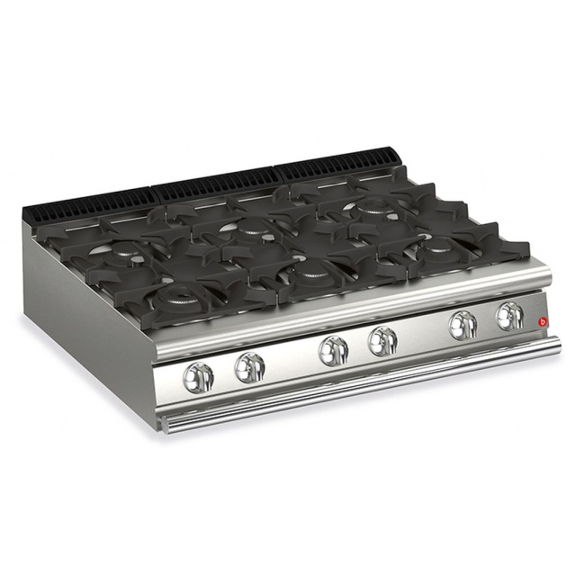 Plita profesionala Baron Q90PC/G1201, linia QUEEN 9, 6 arzatoare din fonta, putere 32,4 kW, gratare fonta, inox