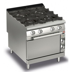 Aragaz profesional Baron Q90PCF/G8001, linia QUEEN9, cuptor gaz, 4 arzatoare, putere 31,7 kW, gratare fonta, inox