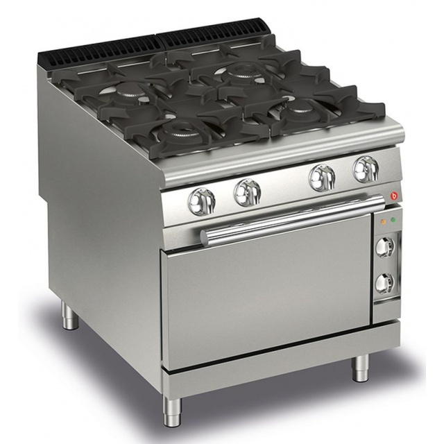 Aragaz profesional Baron Q90PCF/GE8011, linia QUEEN9, cuptor electric, 4 arzatoare, putere 29,2 kW, sistem autocuratare, inox