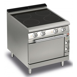 Aragaz profesional Baron Q70PCF/VCE800, linia QUEEN7, 4 zone gatit, cuptor electric, putere 16 kW, sticla ceramica, inox