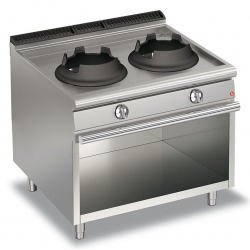 Aragaz profesional Baron Q90PCV/WG1028, linia QUEEN9, 2 arzatoare Mega WOK, compartiment deschis, putere 28 kW, inox