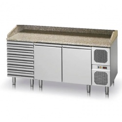 Masa rece pizza Polaris TP 220Q cu rebord, 2 usi si 2 sertare, blat marmura, capacitate 633 litri, temperatura +0°+10°C, inox