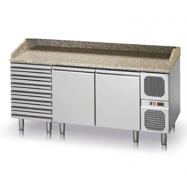 Masa rece pizza Polaris TP 220Q cu rebord, 2 usi si 2 sertare, blat marmura, capacitate 633 litri, temperatura +0°+10°C, inox