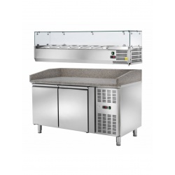 Masa rece cu vitrina ingrediente Amitek AK2600TN/AK15033 cu blat granit, 2 usi, capacitate 390 litri, -2°/ +8°C, inox