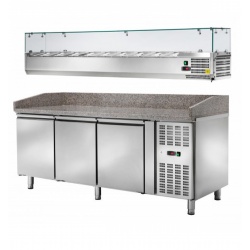 Masa rece cu vitrina ingrediente Amitek AK3600TN / AK20033, blat granit, 3 usi, capacitate 390 litri, -2°/ +8°C, inox