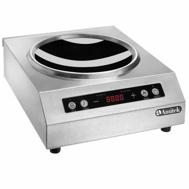 Plita profesionala inductie pentru Wok Amitek TT500W WOK, comenzi touch, suprafata lucru sticla ceramica, 3500W, +60°+240°C,inox