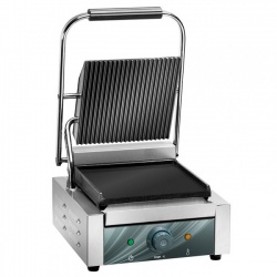Gratar Grill profesional Amitek PG25L cu 1 placa zimtata si 1 placa neteda din fonta, 1800W, 0°+300°C,inox