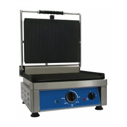 Gratar Grill profesional Amitek PG37R cu 1 placa zimtata si 1 neteda din fonta, 2500W, 0°+300°C, inox