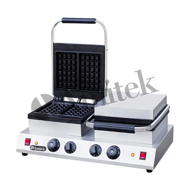 Aparat copt vafe profesional Amitek PG60W, 2 zone copt cu placi din fonta, 2000+2000W, temperatura 0°+300°C, inox
