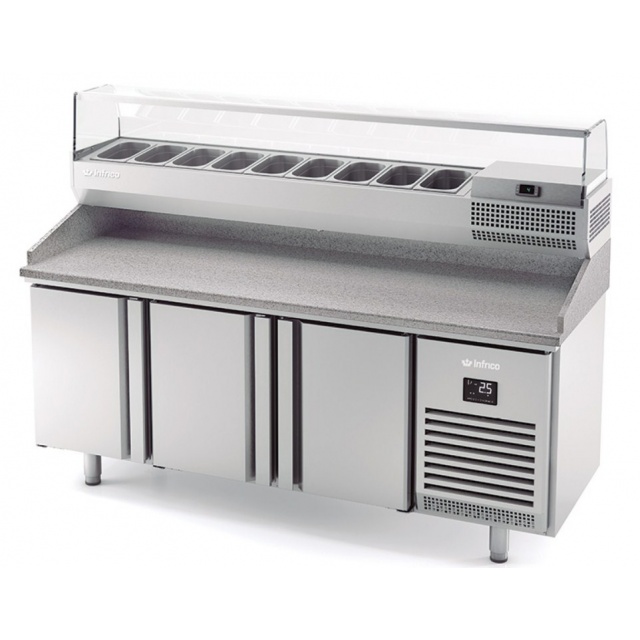 Masa rece pizza INFRICO MPG 1980, cu vitrina ingrediente, 3 usi, capacitate 465+54 litri, 0ºC+6ºC/ +4ºC+8ºC, inox