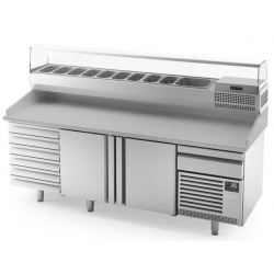 Masa rece pizza INFRICO MP 2300 CN cu vitrina ingrediente, 2 usi +1 neutra, capacitate 485+175 litri, temperatura +2º/+6ºC, inox