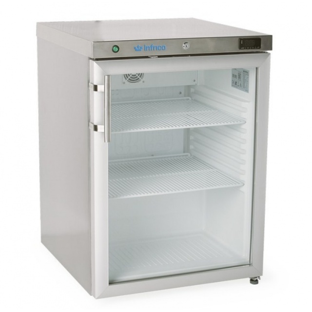 Mini vitrina INFRICO RV200IGD, capacitate 150 litri, putere 140 W, temperatura 0ºC / +8ºC, alb