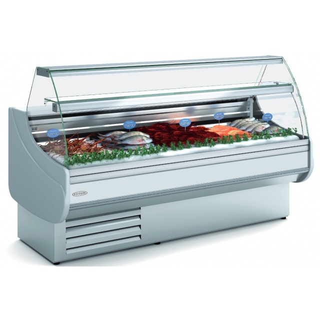 Vitrina frigorifica expunere peste DOCRILUC VE-9-10-C-P, geam curbat, potenta frigorifica 821 W, spatii depozitare, -1º/+1ºC
