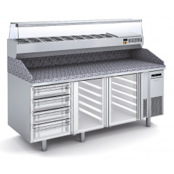 Masa rece pizza DOCRILUC MPC-80-200, 2 usi si 4 sertare, blat granit, capacitate 362 litri, potenta frigorifica 502 W, 0°/+8°C