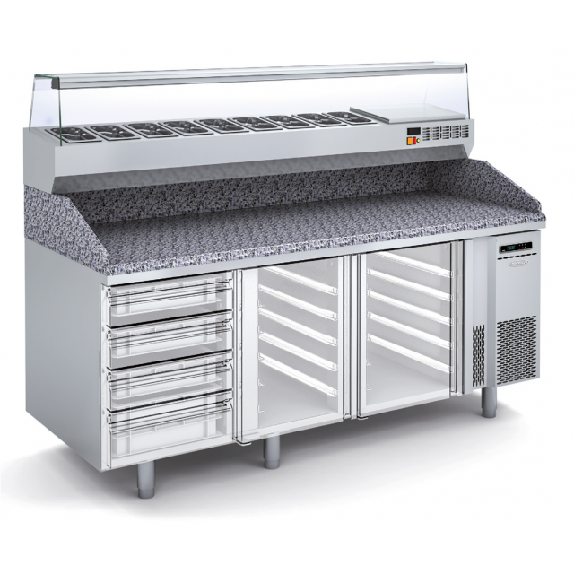 Masa rece pizza DOCRILUC MPC-80-200, 2 usi si 4 sertare, blat granit, capacitate 362 litri, potenta frigorifica 502 W, 0°/+8°C