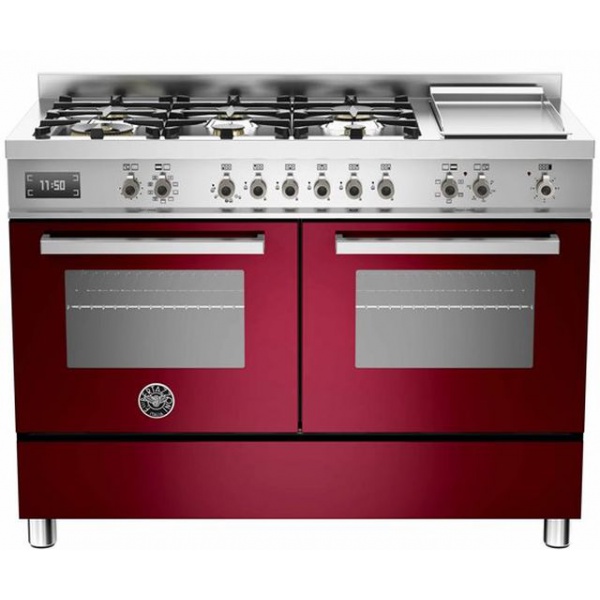 Aragaz Bertazzoni Profesional PRO1206GMFEDROT, 120x60 cm, gaz, 6 arzatoare, zona Teppan-Yaki, 2 cuptoare electrice, rosu
