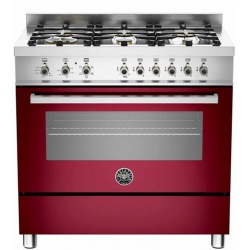 Aragaz Bertazzoni Profesional PRO906HYBSROT, 90x60 cm, gaz, 6 arzatoare, cuptor hibrid multifunctional, rosu