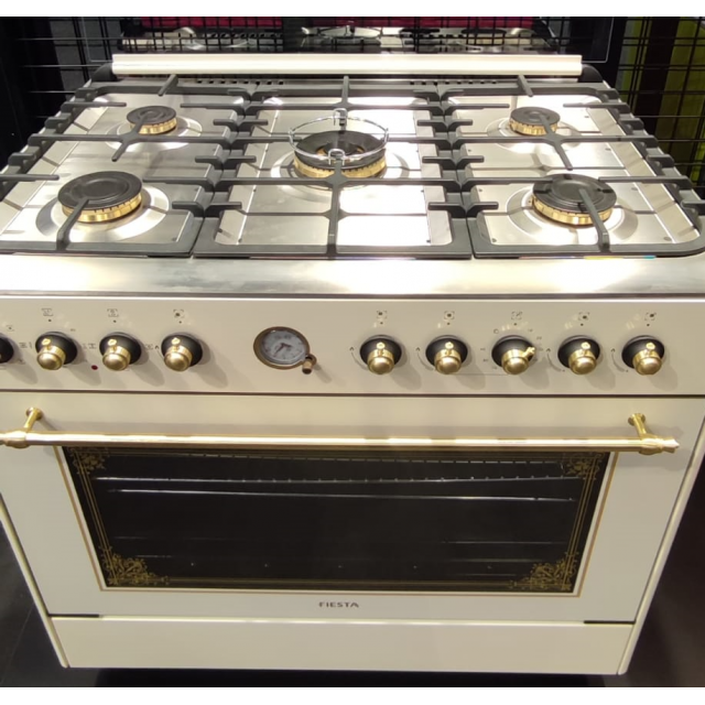Aragaz LUXUS Belle Epoque Gold LUX90E5S110 CREM 90/60 cm 5 arzatoare gaz (1 WOK) gratare fonta cuptor electric XXL 140 L