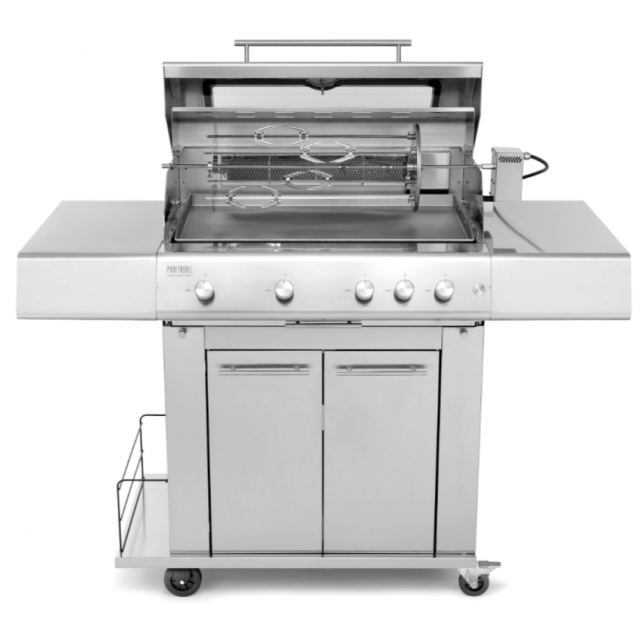 Gratar mobil PIANETAGRILL PIANETAGRILL1 INOX plită 750x450 mm și rafturi laterale cu frigărui motorizat încorporat