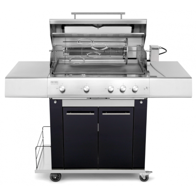 Gratar mobil PIANETAGRILL PIANETAGRILL12 NEGRU plită 750x450 mm și rafturi laterale cu frigărui motorizat încorporat