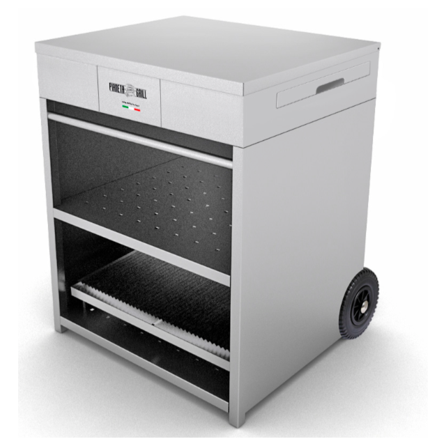 Gratar pe lemne PIANETAGRILL PIANETAGRILL47 INOX două tăvi laterale detașabile,compartiment dublu pentru lemn/accesorii