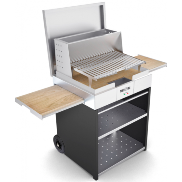 Gratar pe lemne PIANETAGRILL PIANETAGRILL48 ANTRACIT două tăvi laterale detașabile,compartiment dublu pentru lemn/accesorii
