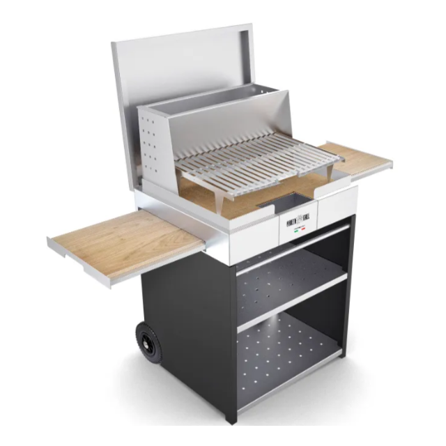 Gratar pe lemne PIANETAGRILL PIANETAGRILL49 NEGRU două tăvi laterale detașabile,compartiment dublu pentru lemn/accesorii