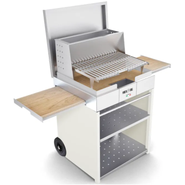 Gratar pe lemne PIANETAGRILL PIANETAGRILL51 ALB două tăvi laterale detașabile,compartiment dublu pentru lemn/accesorii